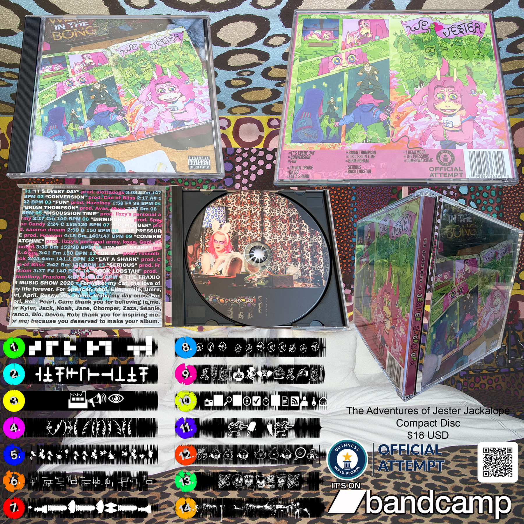 The Adventures of Jester Jackalope CD announcement artwork with tracklist and physical CD photography